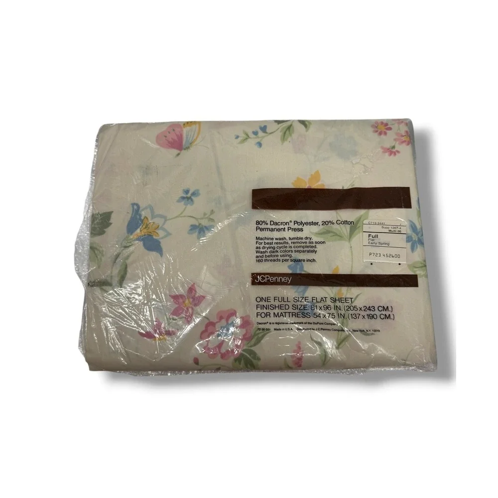 JCPenney Early Spring Full Flat Sheet Floral Butterfly Vintage USA NIP Cottage